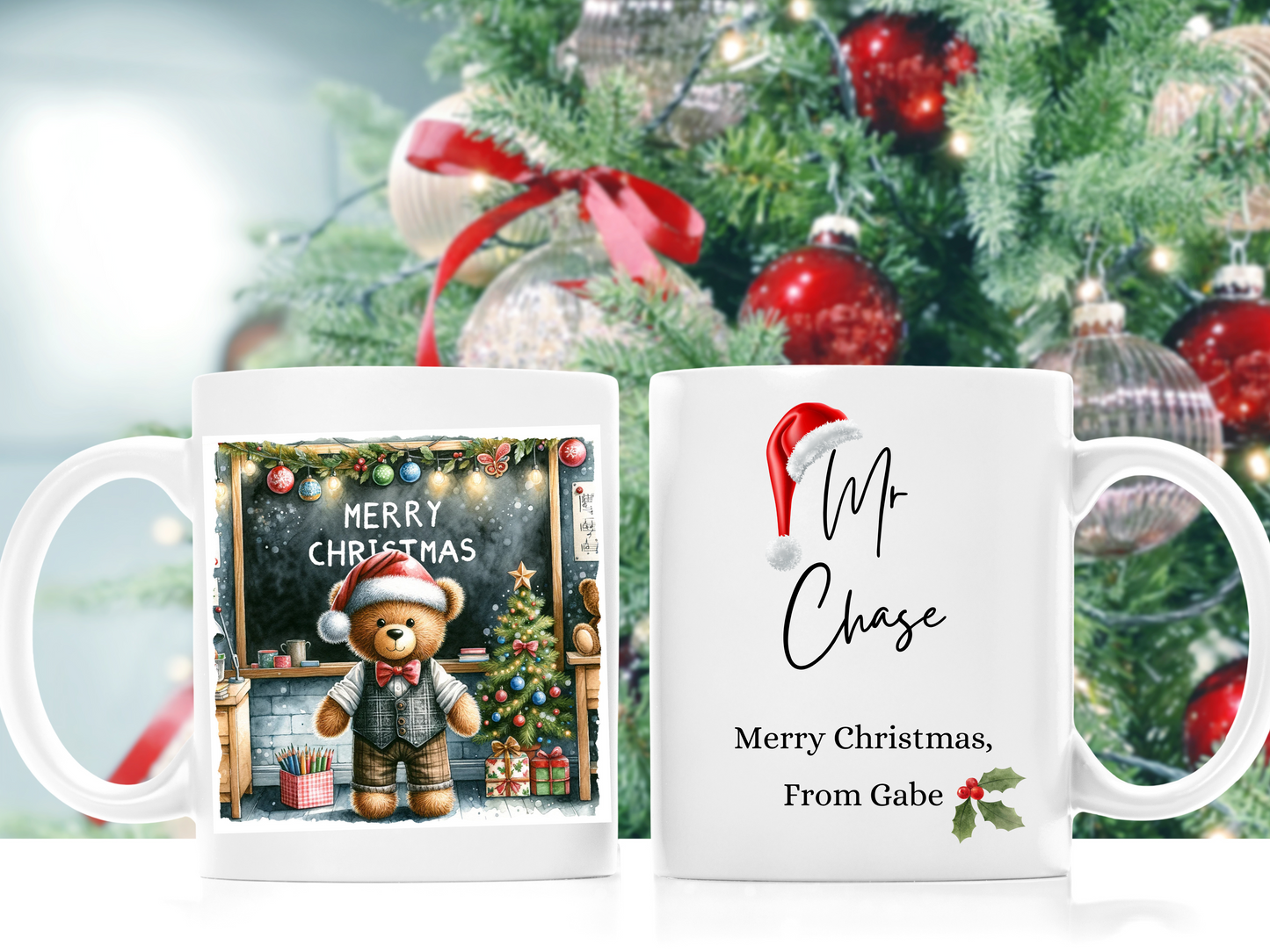 Personalised Bear Christmas Teacher Mug