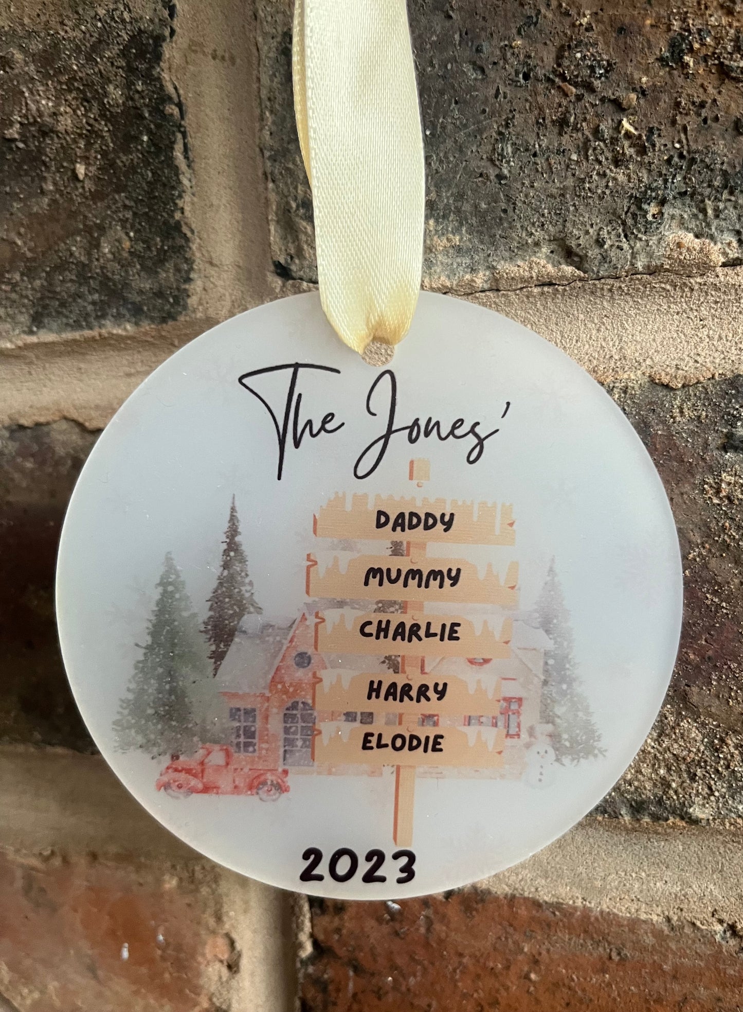 Family Frosted Wooden Sign Bauble