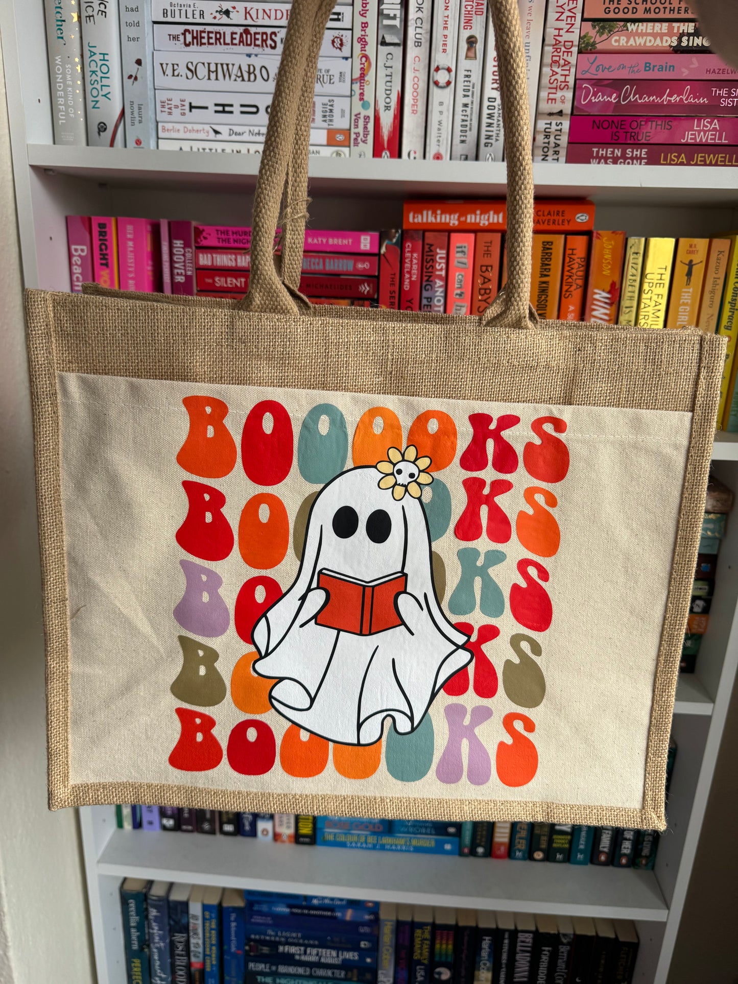 Large Ghost Books Pocket Jute Bag