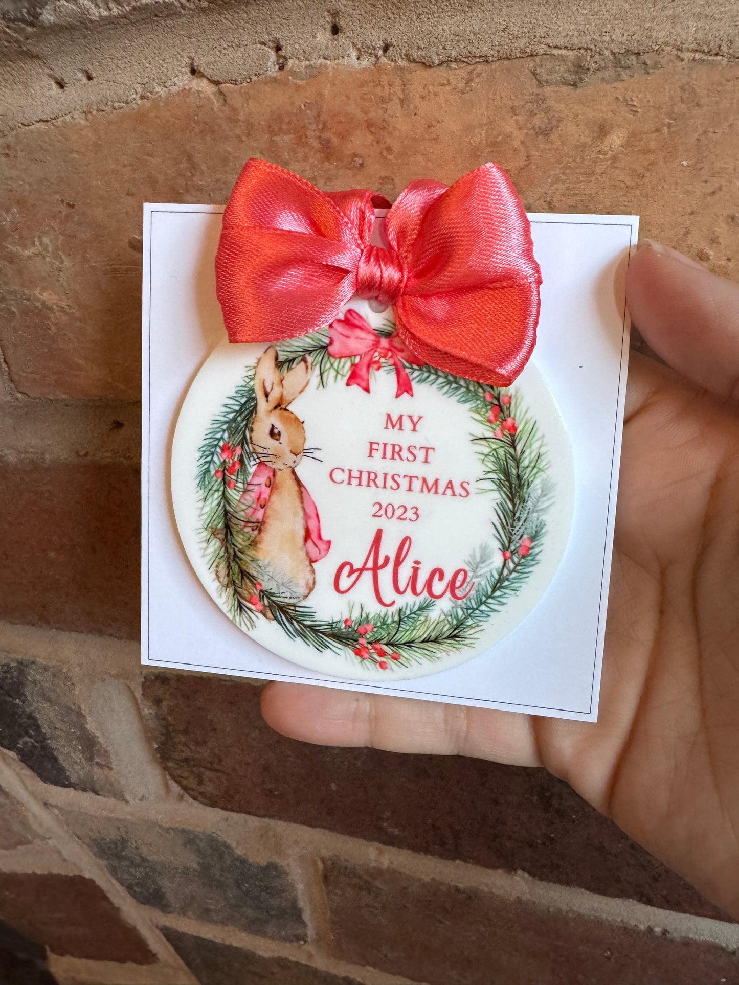 Personalised Pink First Christmas Bunny Bauble