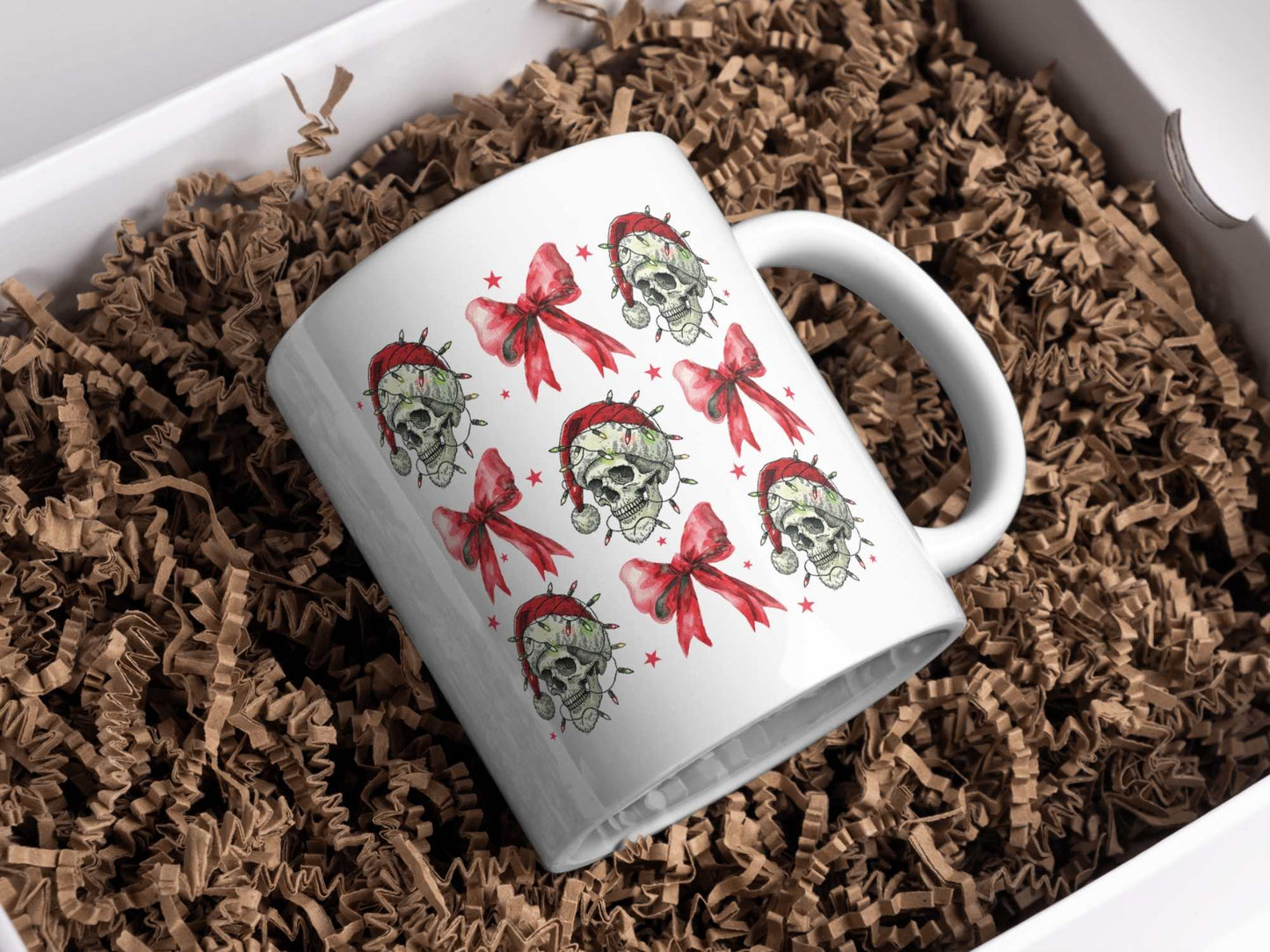 Festive Skulls and Bows Christmas Mug